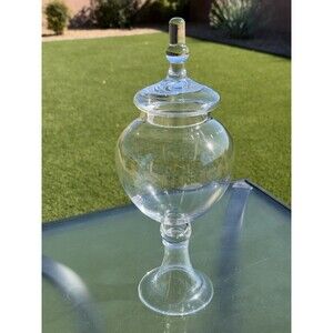 VTG 15 3/4" Hand Blown Glass Apothecary Jar Lidded Footed Pedestal Hollow Base